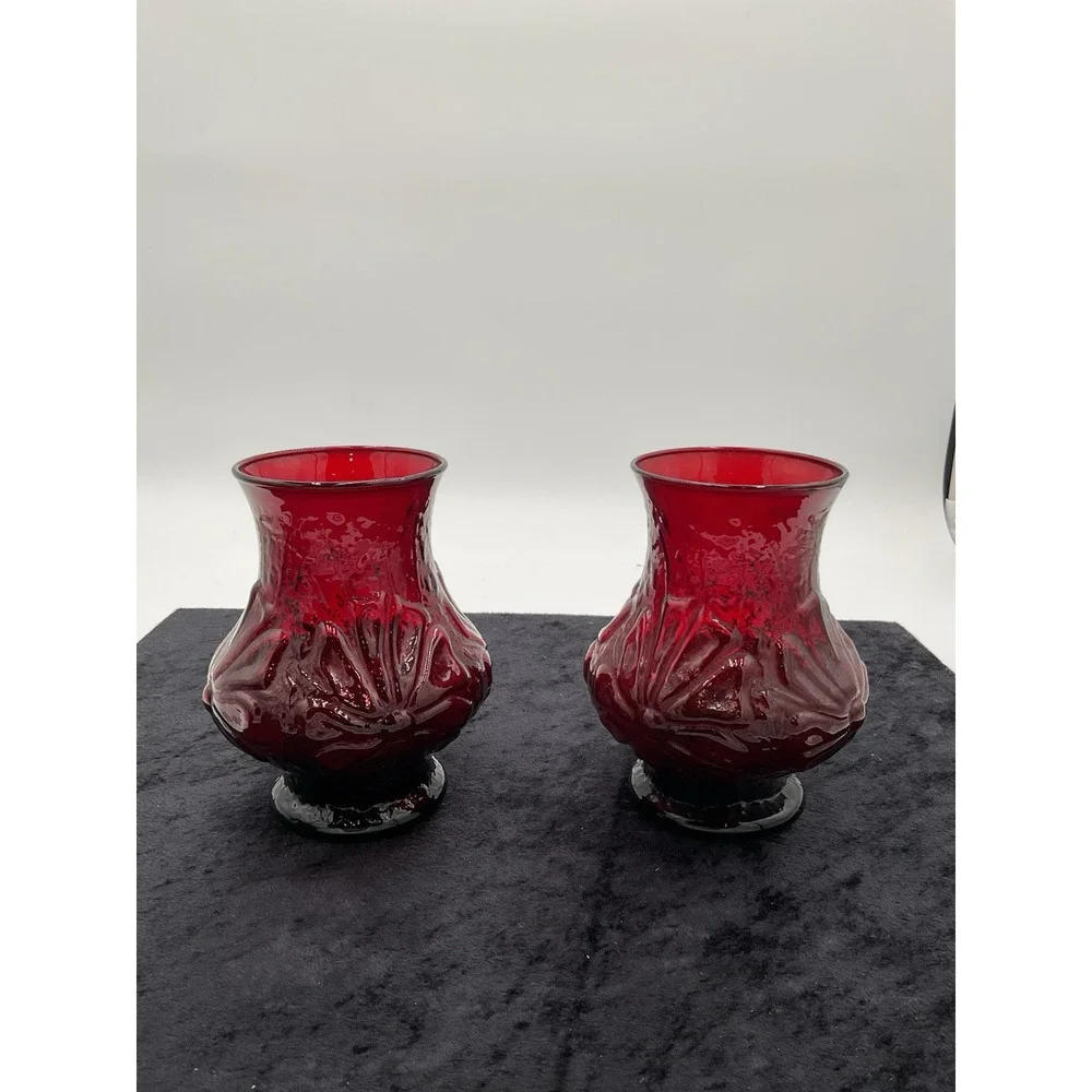2 VIntage Royal Ruby Red Rainflower Anchor Hocking Mid Century Vases 1950s
